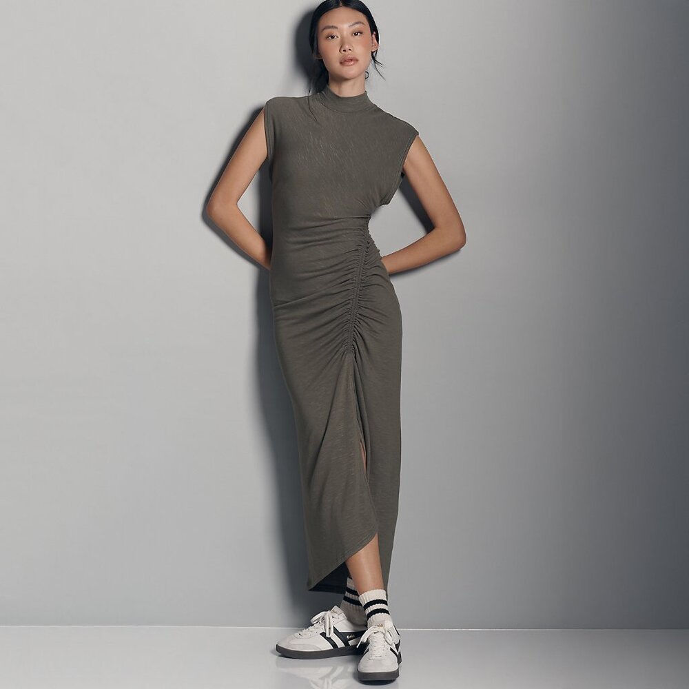 Anthropologie Daily Practice Mock Neck Ruched Midi Dress in Green -NWT sz Medium